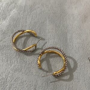 David Yurman Two-Tone Twisted Hoop Earrings - Gold & Silver